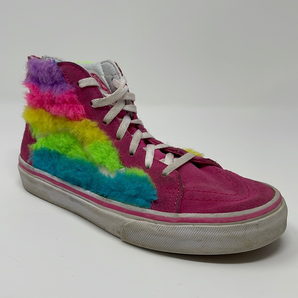 Vans Old Skool High Top Rainbow Faux Fur Skateboard Shoes Size US Kids 3.5